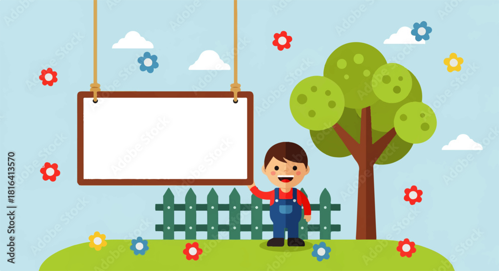 Obraz premium Cartoon Boy with Blank Sign and Garden Scene Illustration