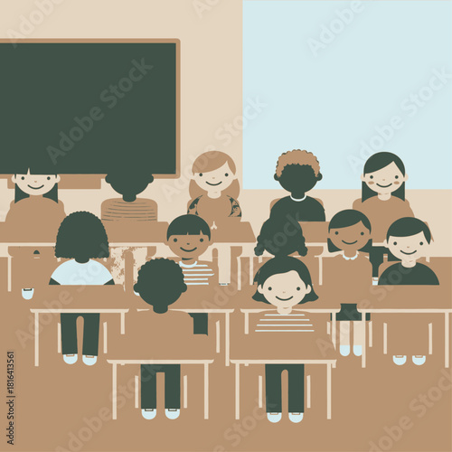 Illustration of a diverse group of elementary school children sitting at desks in a classroom with a blackboard.