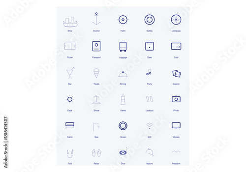 Collection of linear nautical and cruise travel icons featuring ship anchor and vacation symbols