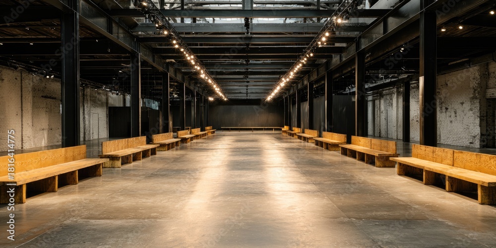 Fototapeta premium Empty industrial hall with wooden benches
