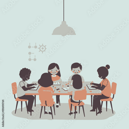Diverse group of children and an adult collaborating around a table in a bright, minimalist room.