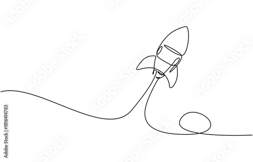 One single line Art drawing of simple vintage rocket takes off into the outer space vector. Isolated on transparent background