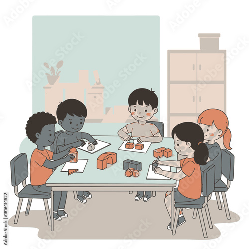 Five diverse children happily engaged in building with colorful blocks at a table in a bright classroom setting.