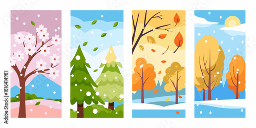 Four seasons illustration spring summer autumn and winter landscape scenes