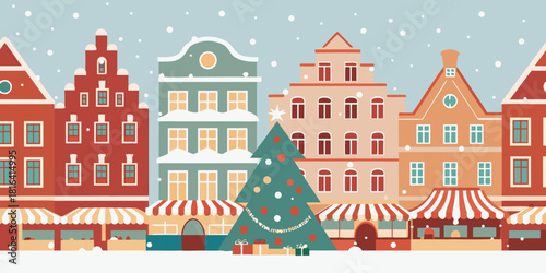 Festive christmas market scene in a european town with snowfall