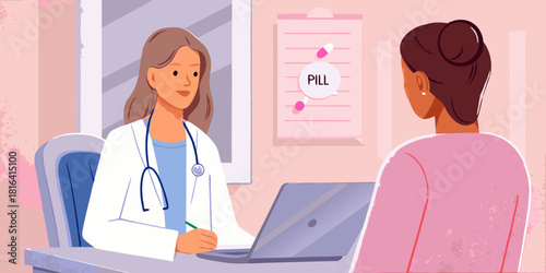 Female doctor consulting with patient in office healthcare and medicine illustration