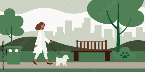 Woman in white coat walking dog in city park illustration