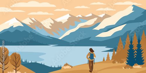 Woman hiker enjoying the mountain lake view in a flat design