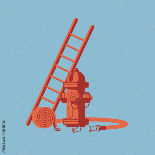 A graphic illustration of a red fire hydrant, a rolled hose, and a ladder against a light blue background.