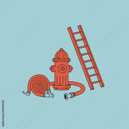 A simple illustration depicting essential firefighting equipment including a red fire hydrant, a coiled hose, and a ladder on a light blue background.