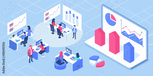 Isometric business team analyzing data and charts in office environment