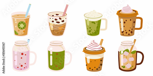 Variety of refreshing drinks bubble tea matcha latte and fruit smoothies
