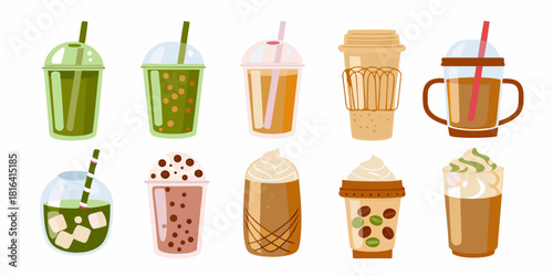 Variety of coffee and tea drinks in to go cups illustration