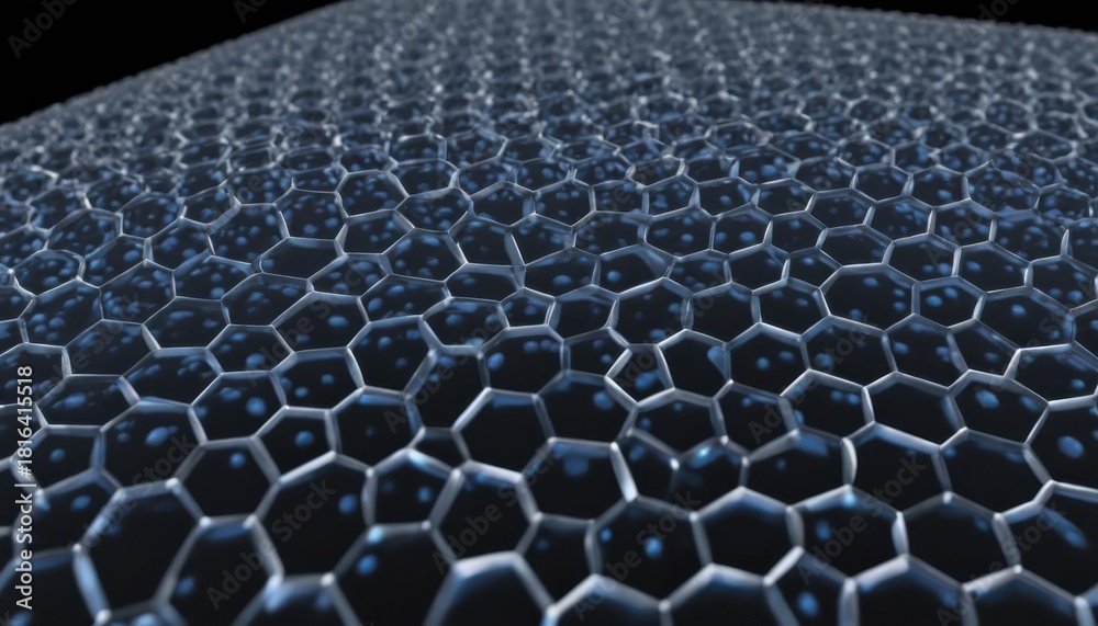Naklejka premium Detailed hexagonal cell structure with internal spheres in dark background