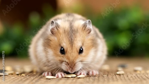 Adorable hamster munching seeds, a delightful loopable video of a tiny pet eating happily in a