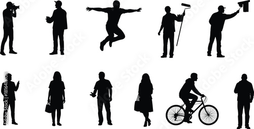 Silhouette people set showing photography, lifestyle, labor, technology, and expressive poses for stock illustration, design, education, and creative projects