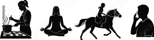 Silhouette set of people cooking, meditating, horseback riding, and talking on phone – lifestyle activity vector icons collection