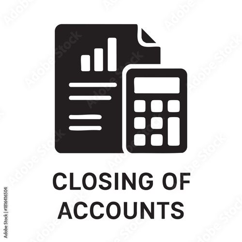 A simple black icon depicting financial documents alongside a calculator symbolizing accounting and financial analysis