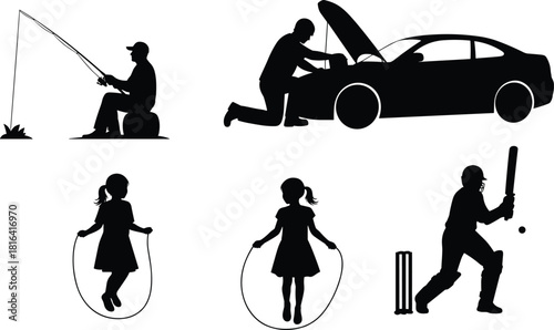 Silhouette set of people doing fishing, car repair, skipping rope, and playing cricket in outdoor lifestyle and activity scenes