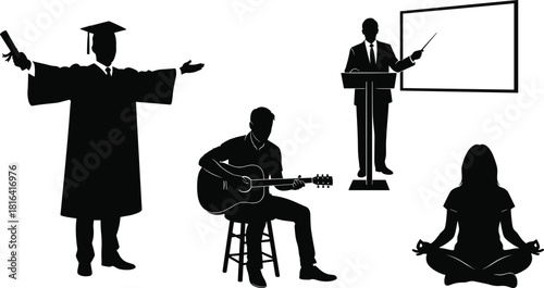 Silhouette set showing graduation, music, teaching, and meditation scenes for vector design, stock illustration, education, creativity, and wellness themes