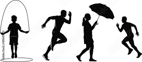 Silhouette set showing jump rope, running, walking with umbrella, and motion poses for vector design, stock illustration, lifestyle, and activity