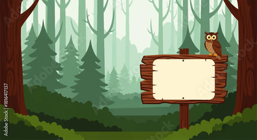 Forest Background with Blank Sign and Owl