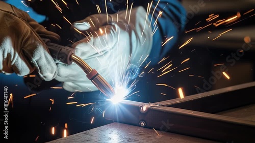 Close up of welder hands in gloves welding metal with bright sparks flying in slow motion