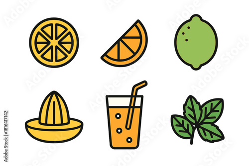 Set of colorful icons representing fresh citrus fruits, juice preparation, and a refreshing beverage