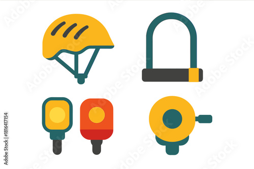 Bicycle safety and security equipment set including helmet, lock, lights, and bell icons