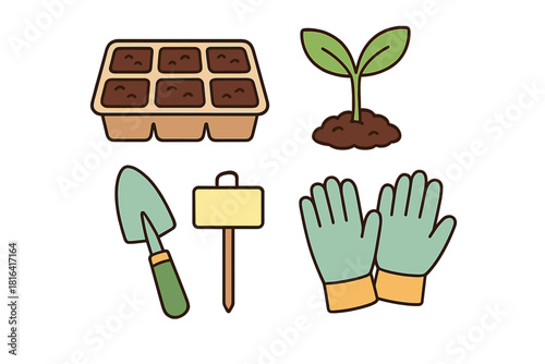 Basic gardening supplies and equipment featuring a seedling, seed starting tray, trowel, and protective gloves