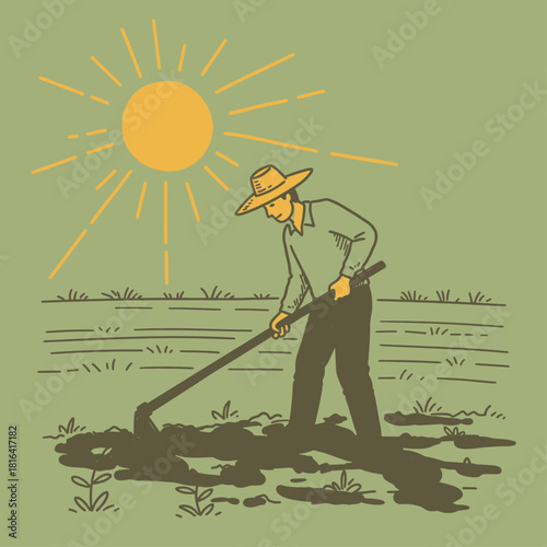 A farmer in a straw hat is tilling the soil with a hoe under a bright, radiant sun in a field, depicted in a vintage illustration style.