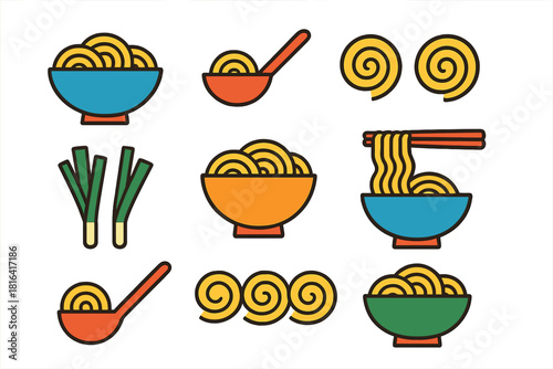 Colorful Asian food icons set featuring ramen noodles bowls and chopsticks