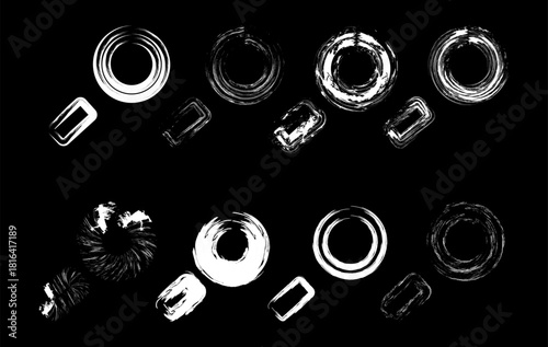 A set of rough, distressed search icons designed with grunge textures. These magnifying glass symbols feature scratchy, worn, and abstract details suitable for UI elements, website design, app buttons