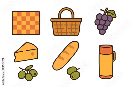 Essential picnic food and accessories set including basket, blanket, cheese, bread, grapes, and thermos