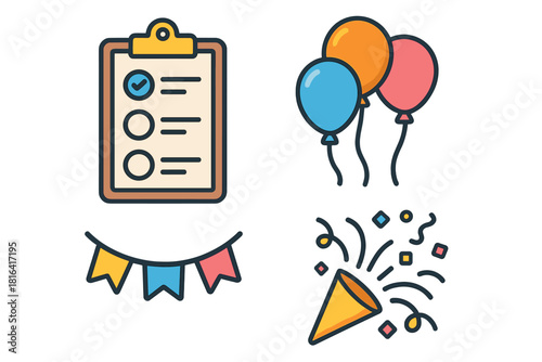 Clipboard checklist with balloons party flags and exploding confetti popper icons