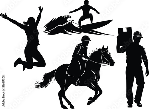 Silhouette set showing jumping, surfing, horseback riding, and worker poses for vector design, stock illustration, dynamic activity, and lifestyle themes