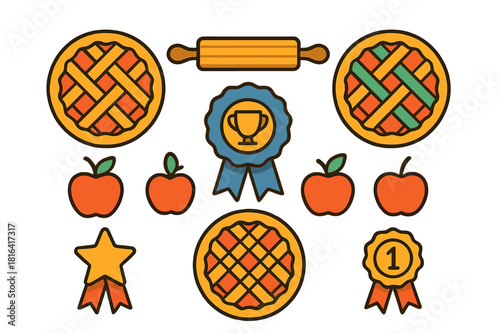 Set of baking contest elements including apple pies rolling pin and award ribbons