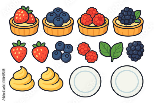 Sweet berry tarts, fresh strawberries, blueberries, raspberries, blackberries, whipped cream, and empty plates