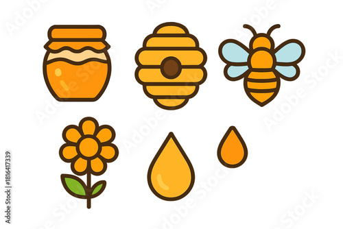 Natural honey production elements including jar, beehive, flying bee, blooming flower, and liquid drops