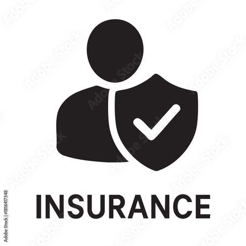 A simple black and white icon depicting a person with a shield and a checkmark alongside the word insurance