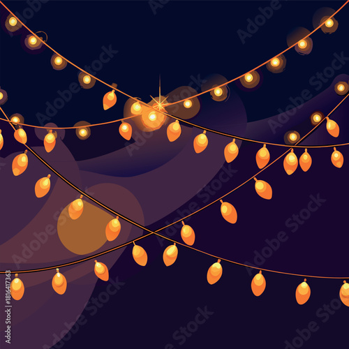 Warm glowing string lights hanging across a dark night sky, soft golden illumination, festive and cozy atmosphere, vector style