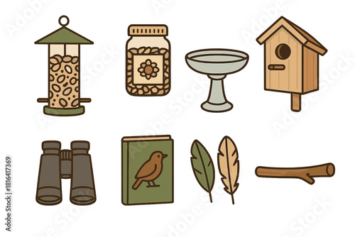 Essential equipment icons for bird watching, including birdhouse, binoculars, and field guide