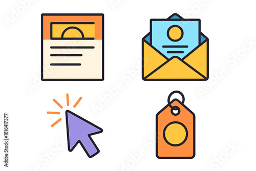 Digital business symbols set with document file, open email, clicking mouse cursor, and retail price tag