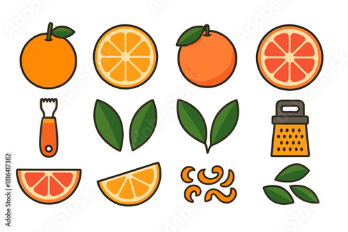 Assortment of whole and sliced oranges and grapefruit with green leaves, zest, zester, and grater