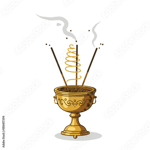 Golden censer with burning incense sticks and spiral coil emitting smoke, used in spiritual or religious rituals.
