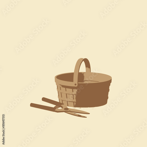 A brown woven basket and pruning shears resting on a light beige background, depicted in a minimalist graphic style.