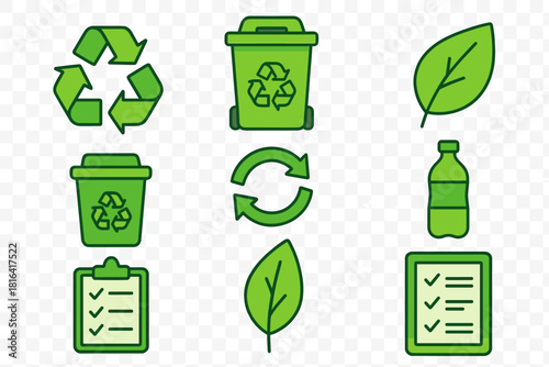 Set of green recycling and environmental symbols for waste management and sustainability