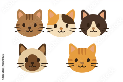 Five adorable cartoon cat faces displaying various colors and fur markings