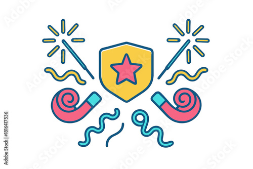 Colorful celebration graphic featuring party horns sparklers and a star shield