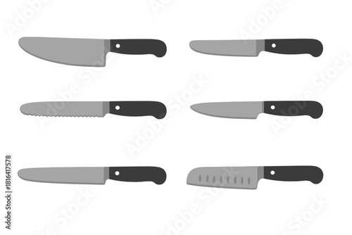 Collection of six different cooking knives including chef utility and serrated blades